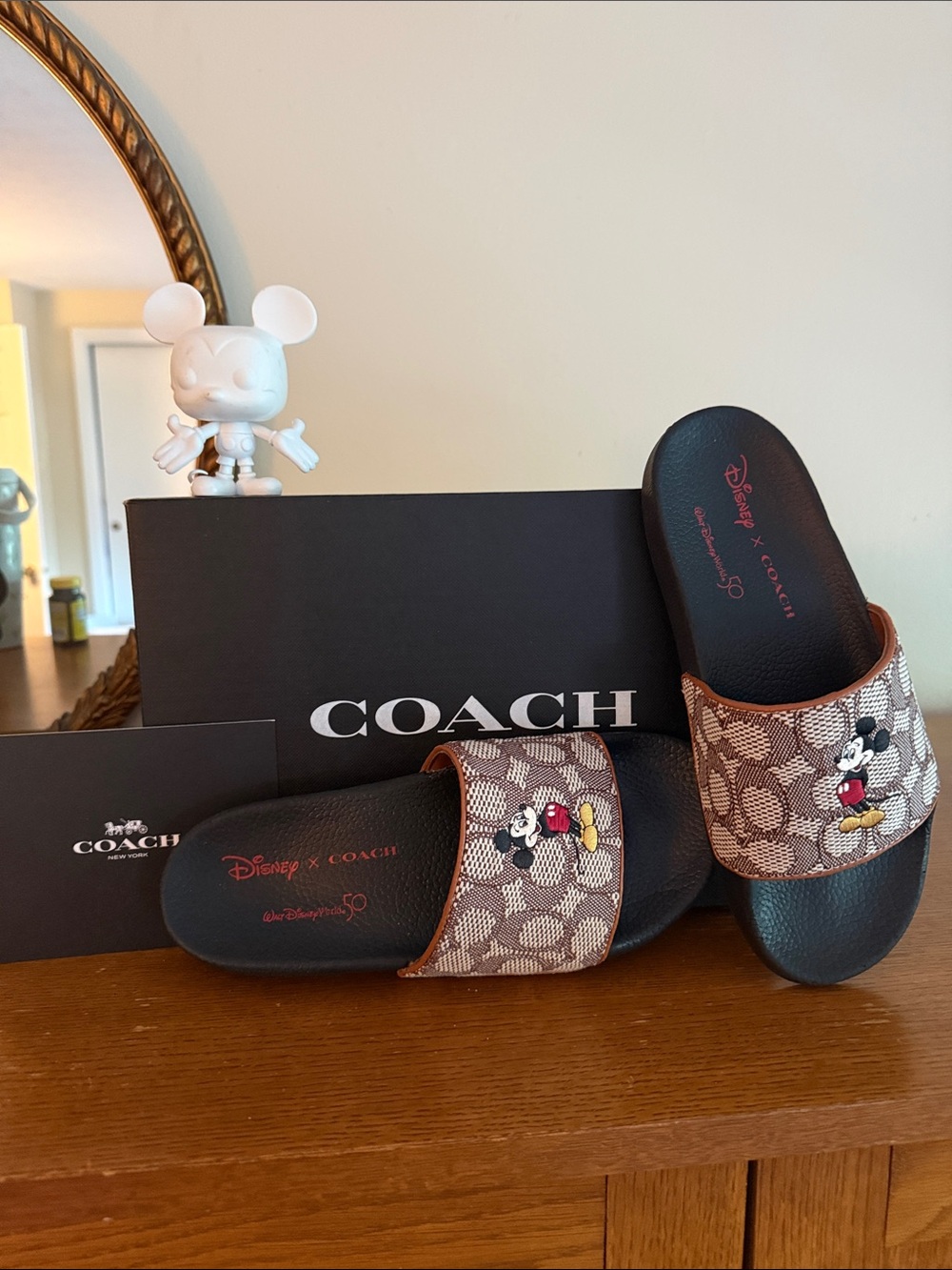 Coach Brown Signature Logo Slide Sandals with Black Footbed and Mickey Accents